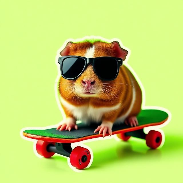 Guinea pig in sunglasses on a skateboard