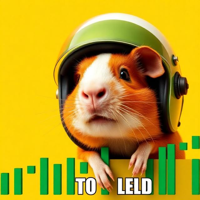 Guinea pig in a helmet over a green candle chart