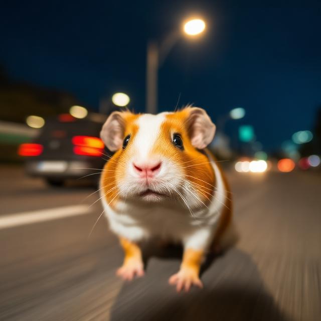 Guinea pig blurring past a speed camera at night