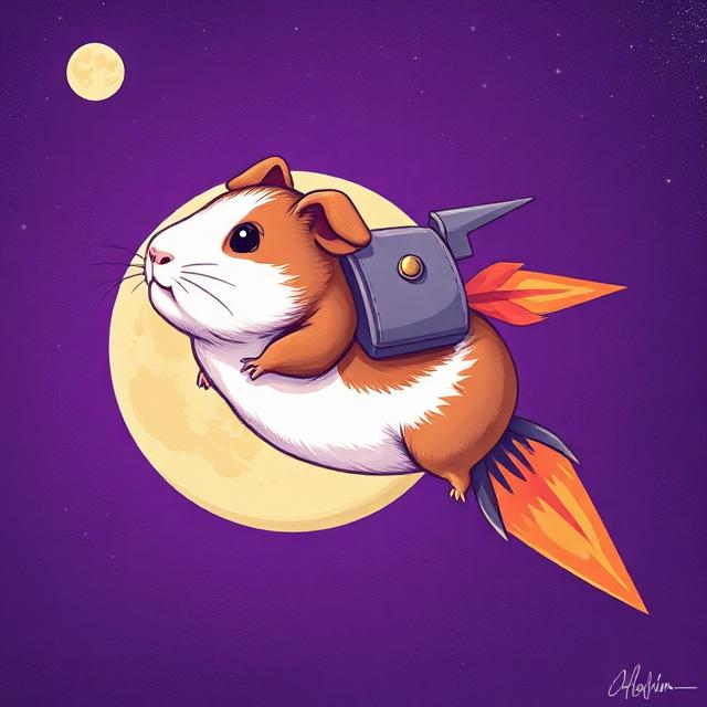 Guinea pig with a rocket flying past the moon
